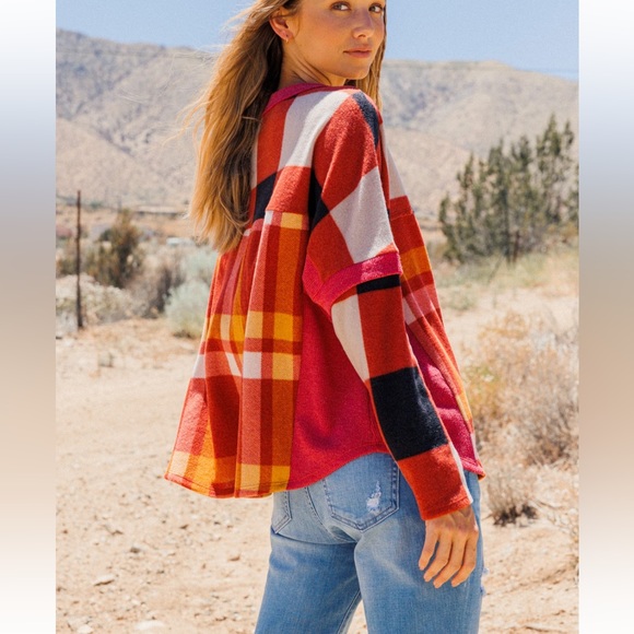 35 Boho Plaid Pattern Loose Fit Top - Picture 4 of 5